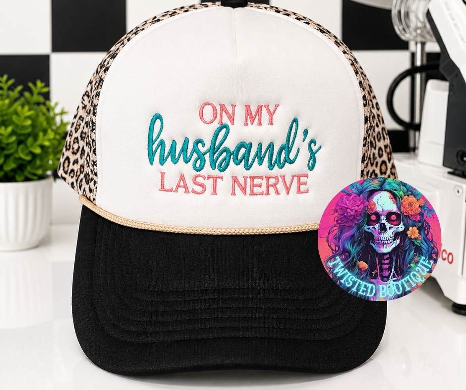 On My Husband's Last Nerves Leopard Trucker Hat